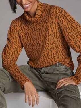 Anthropologie Puff-Sleeved Soft Turtleneck Top Orange Abstract Leopard Sz M